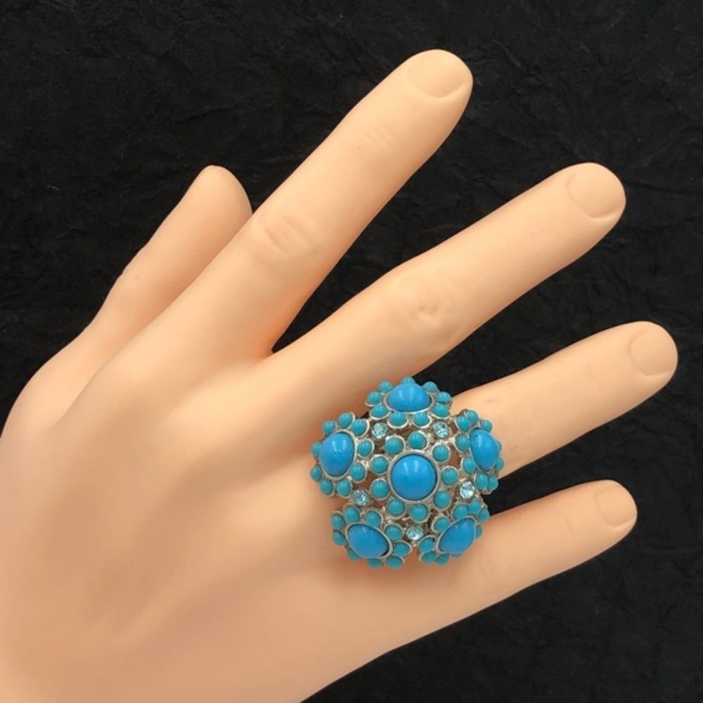 Blue Dot Flower Dome Silver Statement Cocktail Stretch Ring